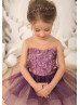 Beaded Purple Tulle Knee Length Keyhole Back Flower Girl Dress